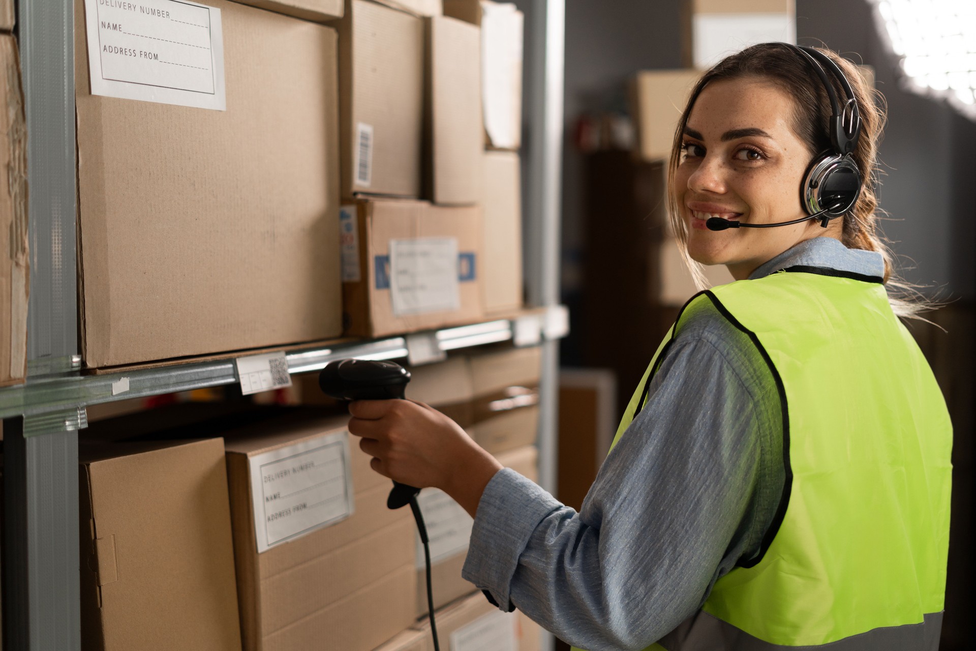 Portrait of a smiling warehouse staff using a headset while working in a distribution warehouse, scanning barcode with scanner. female call center or support operator